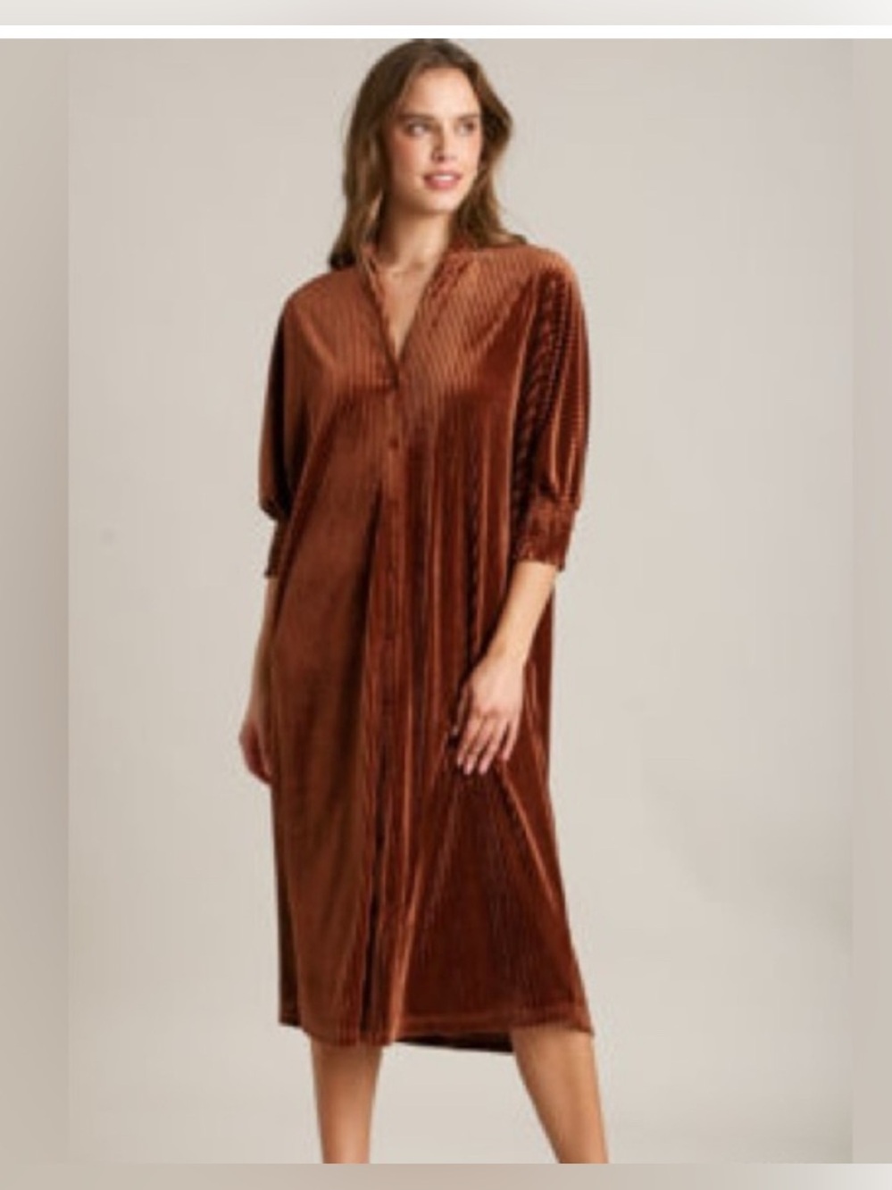 Bandit and the Babe Striped Velvet Maxi Button Down Shirt Dress in bronze